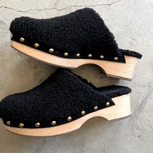 J. Crew Black Sherpa Wooden Studded Fuzzy Teddy Platform Y2K Clogs Size 6